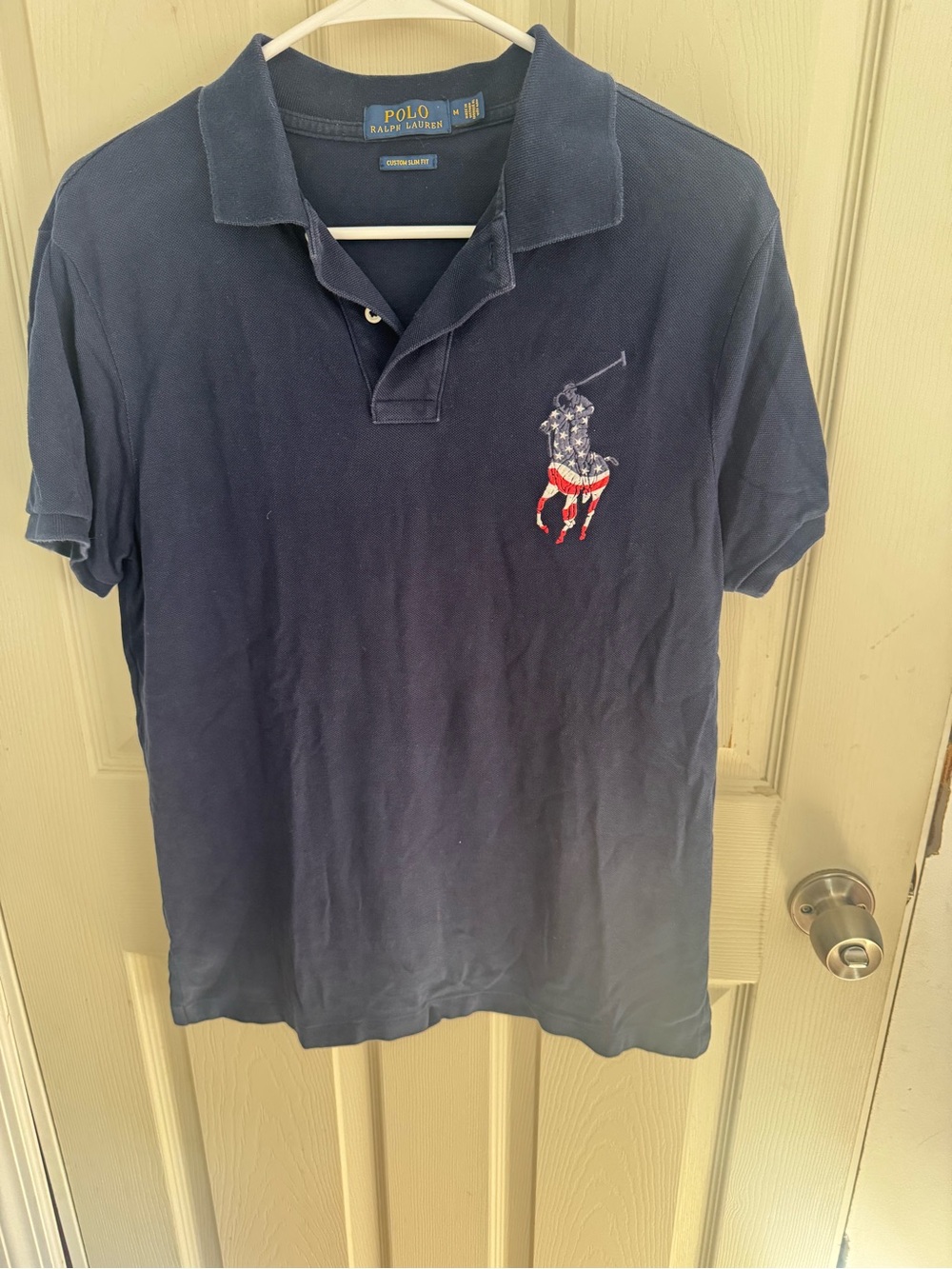 Polo Ralph Lauren Polo Shirt Mens Medium Blue Custom Slim Fit USA Flag Big Pony - Picture 2 of 8
